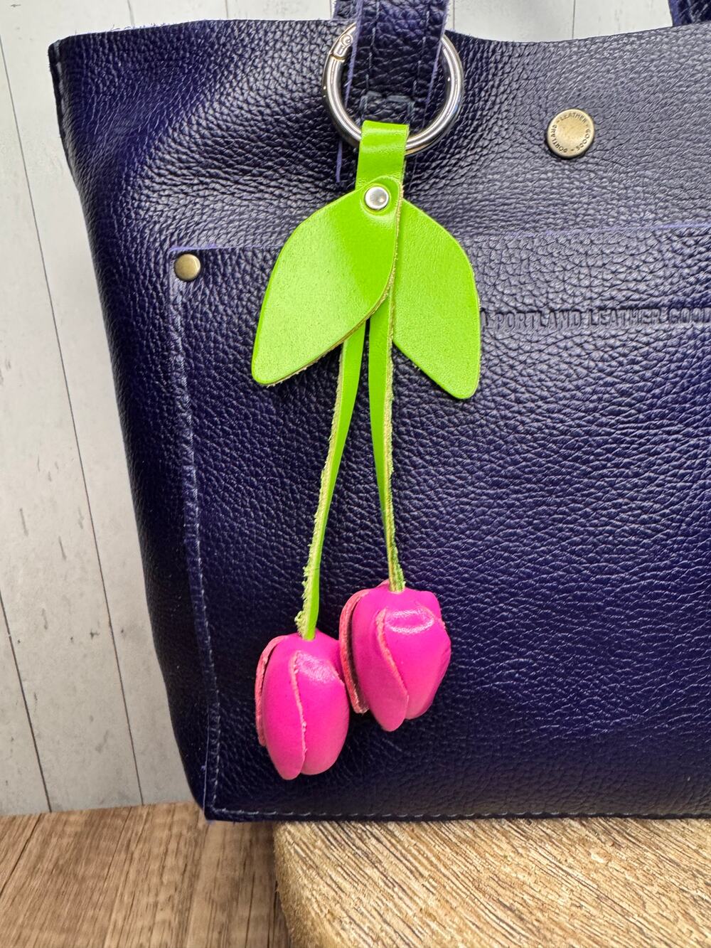 Leather Hot Pink Tulip Purse Charm Genuine Leather Pink Flower Bag Charm NEW